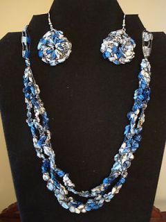 BLUE Lion Brand Trellis Ladder Yarn Crochet Necklace & Earrings 