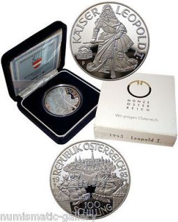 austria 100 schilling 1993 silver pf leopold i box coa