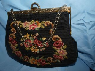 Vintage Black Wool and Floral Needlepoint Gold Frame Handbag 