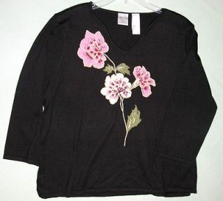 emma james knit top blouse embroidered beads roses xl nwot