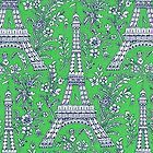 RETRO Turf GREEN Blue PARIS Michael Miller EIFFEL TOWER Fabric FQ 