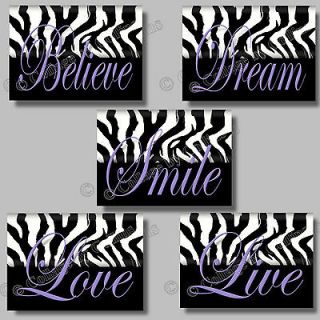 PURPLE Zebra Print SMILE DREAM LIVE LOVE BELIEVE Quote Art Girl Room 