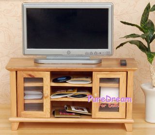 Dollhouse miniature living room furniture wooden tv & tv stand bench w 