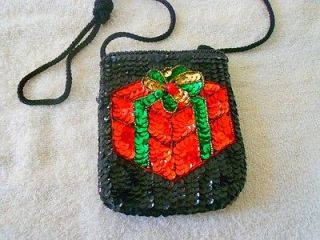 Christmas Present Black Sequin Purse Small Bag Long Cord Strap