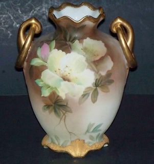 Antique Nippon Hand Painted Floral Vase Double Handles 7 Tall Gold 