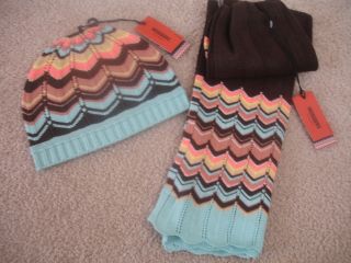 MISSONI for Target Long Scarf + Beanie Set Brown Blue Colore Zig Zag 