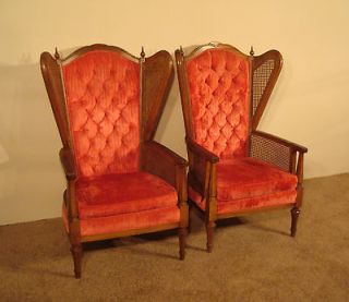 ANTIQUE Pair French Louis XVI Walnut Caned Red Velvet Wing Wingback 