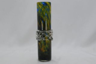   Green and Yellow Marbled Art Glass Beaker Vase Signed Phoenician Malta