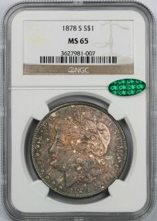 1878 S MORGAN DOLLAR $1 MS 65 NGC CAC APPROVED MULTI COLOR TONE