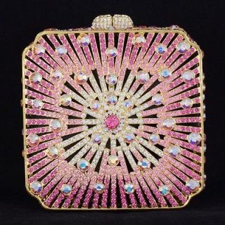 Luxurious Square Pink Clutch Evening Handbag Purse Bag W/ Swarovski 