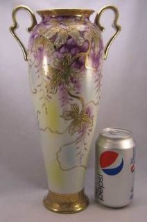 Tall (12 3/4) Antique Nippon Vase with Purple Wisteria Flowers & Gold 