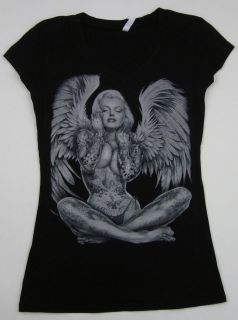 MARILYN MONROE V Neck T shirt Pierced Tattoo Angel Wings Tee Womens 