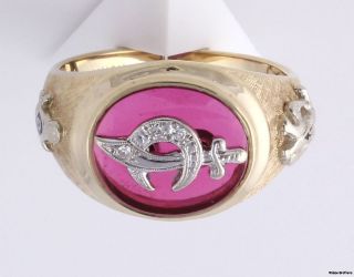 Shriners Masonic Syn Red Spinel Genuine Diamond Ring   10k Gold Band 