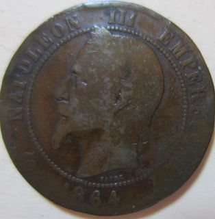 1864 France 10 (DIX) CENTIMES NAPOLEON III EMPEREUR Coin. (W883)