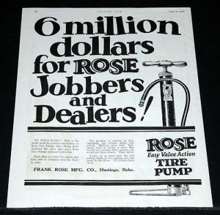 1926 OLD MAGAZINE PRINT AD, ROSE EASY VALVE ACTION TIRE PUMPS