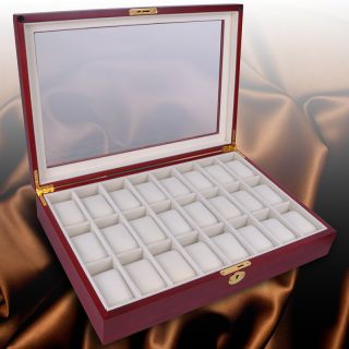   24 Mens Style Cherry Wood Watch Display Case Glass Top Jewelry Box