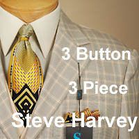 46XL Suit STEVE HARVEY Coordinated Beige Plaid 3 Piece Mens Suits 46 