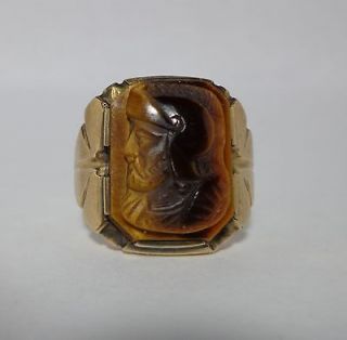 estate piece 10k yellow gold gents carved tigers eye ring