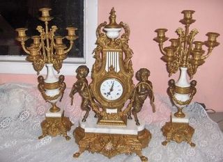 Vintage Imperial Chime Clock & Candelabras From Italy White Marble 