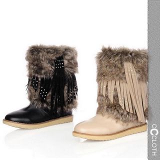Beige/Black New Moccasin Ladies Womens Fringe Tassle Flat Ankle Boots 