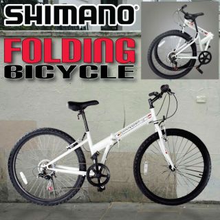 26 Inch Folding Bicycle Foldable Mountain Bike 6 Speed Shimano White 