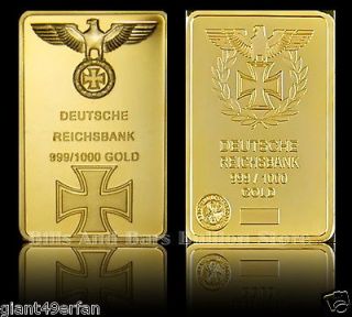 ONE OF EACH  2 X 1 OZ GERMAN .999 PURE 24K GOLD LAYERED 3RD REICH 