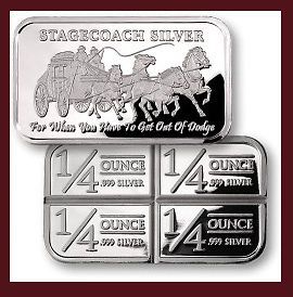 One Troy Ounce .999 Silver STAGECOACH 4x 1/4 oz Divisible Bullion 