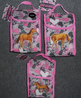 Girls HORSE Lunch Bag/Sack~Pink ​Gray~Guitars & Hearts~NWT~Lar​ger 