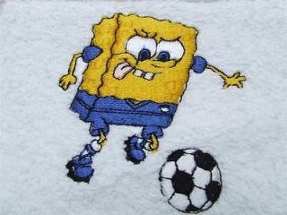 Personalised Towels Embroidered with Sponge Bob playing football motif