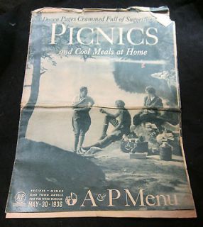 vintage A&P Menu~Picnics~May 30 1936~supermarket~grocery store promo 
