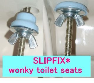 SLIPFIX* kits for curing wobbly toilet seat hinges with TIGHT RUBBER 