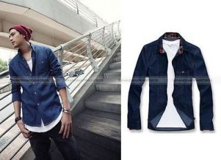 Men Fashion Simple Slim Fit Casual Denim Jean Shirt Top Dark Blue New 