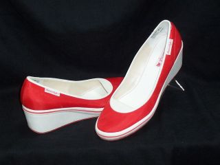 American Eagle Shoes Wedges Slip On Red White AE Fabric Upper Bottom 