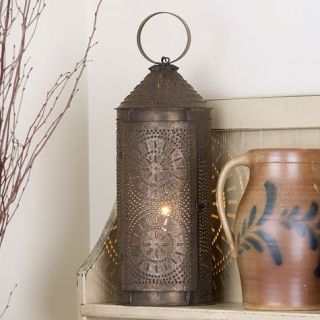 primitive large handcrafted blacken punched tin lantern/ light /NICE 