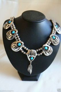 Navajo Bear Paw Sterling Silver & Turquoise Squash Blossom Necklace