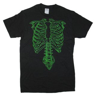 New Wave Goth Punk Metal Tap Green Spinal Skeleton Bones Mens Black T 