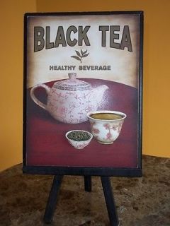   PRINT BLACK TEA ART TEA CUP BEVERAGE TEAPOT PICTURE WOOD FRAME STAND