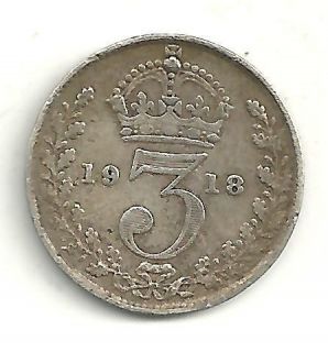VERY NICELY DETAILED 1918 GREAT BRITAIN 3 PENCE .925 SILVER COIN MY308