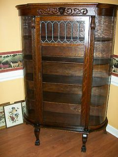 victorian curved oak china cabinet w lions head leaded time