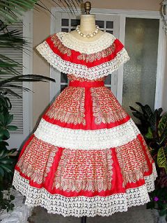 WOW~RARE~Vtg 50s~MEXICAN~RED~FRIDA~CROCHET~LACE~WEDDING~TOP Skirt 
