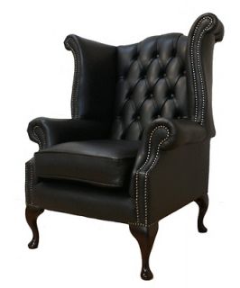 Chesterfield Queen Anne High Back Fireside Wing Armchair Black Leather