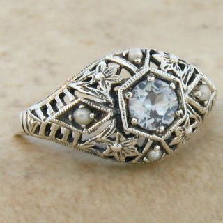 AQUAMARINE SEED PEARL ANTIQUE DECO STYLE .925 SILVER FILIGREE RING 
