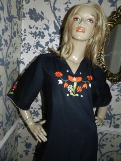 vintage black orange hand embroidered floral maxi caftan m