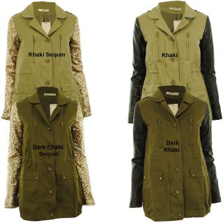 Phoebe New Womens Contrast Military Faux Leather Sleeve Parka Ladies 