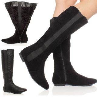   LADIES LOW HEEL FLAT ROUND TOE ZIP RIDING WIDE STRETCH CALF BOOTS SIZE