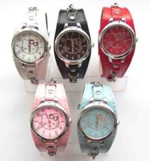 Lot of 5 pcs Boy & Girl Hello Kitty necklace Leather wrist watch clock 