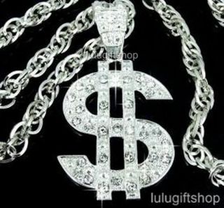 MONEY DOLLAR SIGN ICED OUT SILVER PLATED MENS HIP HOP PENDANT CHAIN 