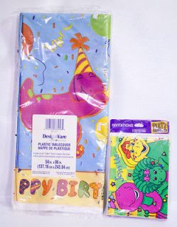 Barney Baby Bop & BJ Birthday Party invitations & tablecover purple 