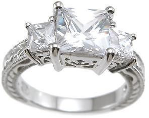   925 STERLING SILVER PRINCESS CUT 3 STONE ENGAGEMENT RING SZ 5,6,7,8,9