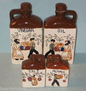   Vintage Ceramic Oil Vinegar Bottles Holders + Matching Salt & Pepper